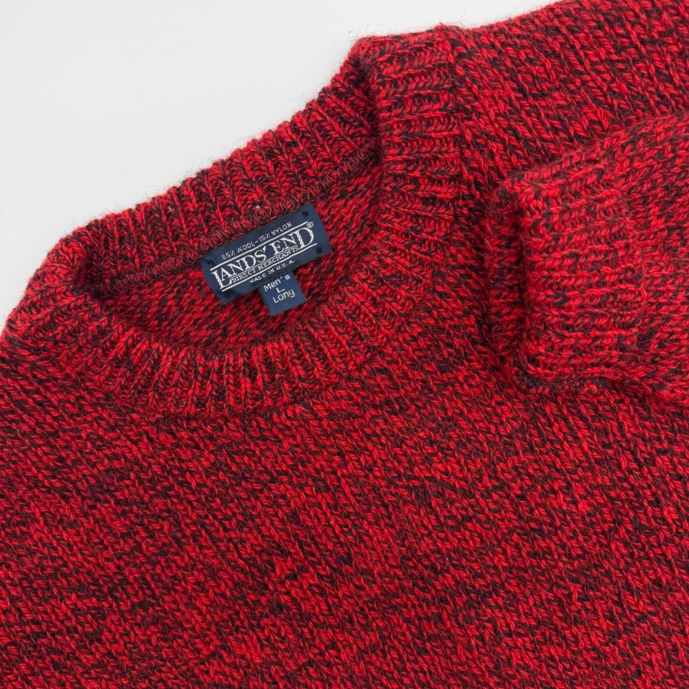 Vintage Lands End Mens Large Long Red Black Marled Wool Blend Crewneck USA